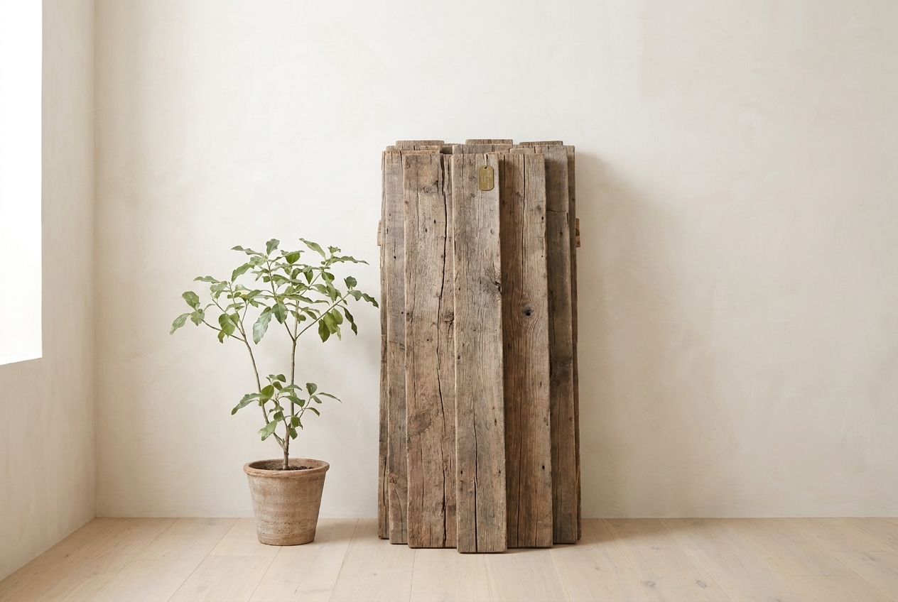 Stack of reclaimed barn-wood planks, sustainable materials