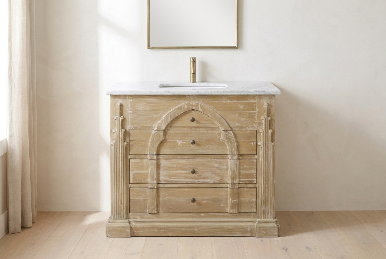Reclaimed pine vanity with an arched cabinet-door panel