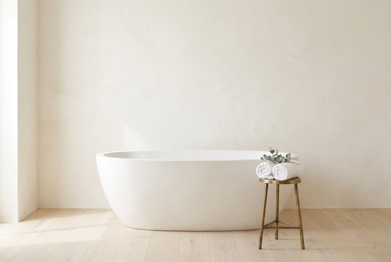 Spa-like bathroom with a freestanding tub and rolled towels