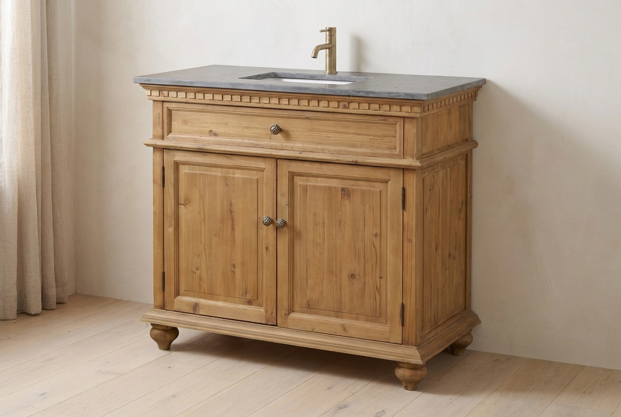 Reclaimed pine vanity with bun feet and panel doors