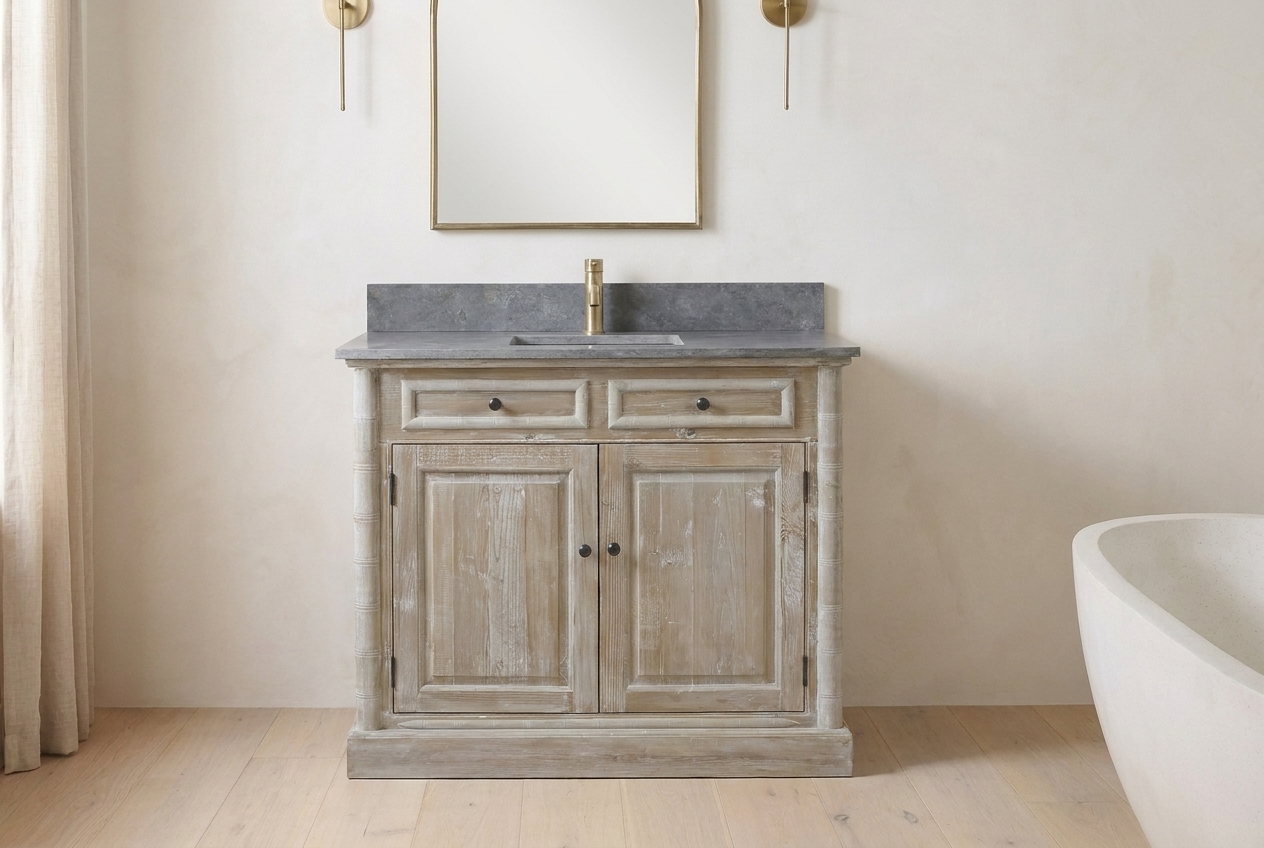 Reclaimed pine bathroom vanity beside a freestanding tub