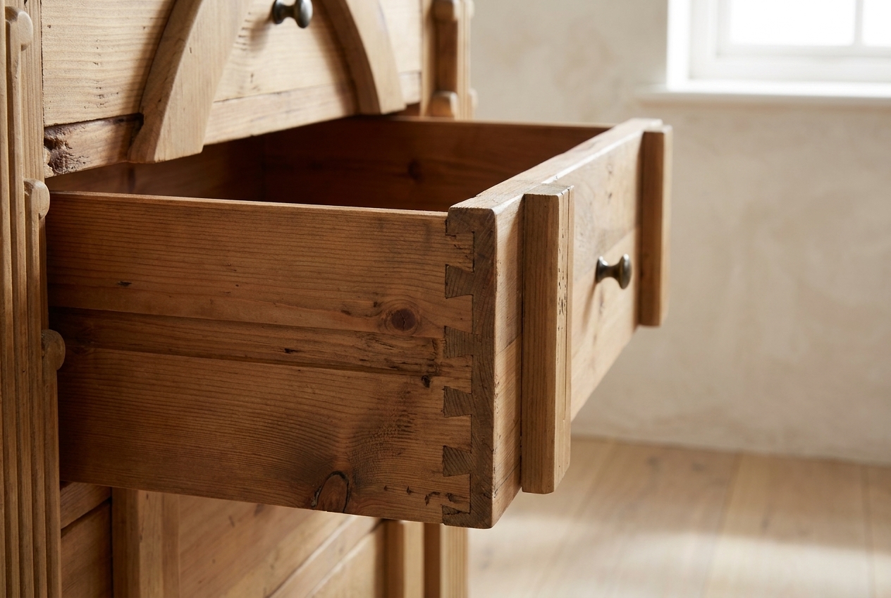 Hand-cut dovetail joinery in a solid reclaimed-pine vanity drawer