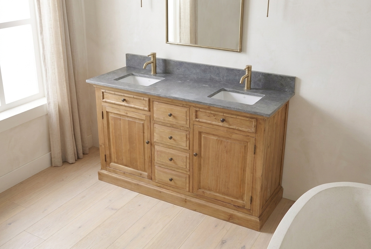 Reclaimed wood double-sink vanity in a complete bathroom