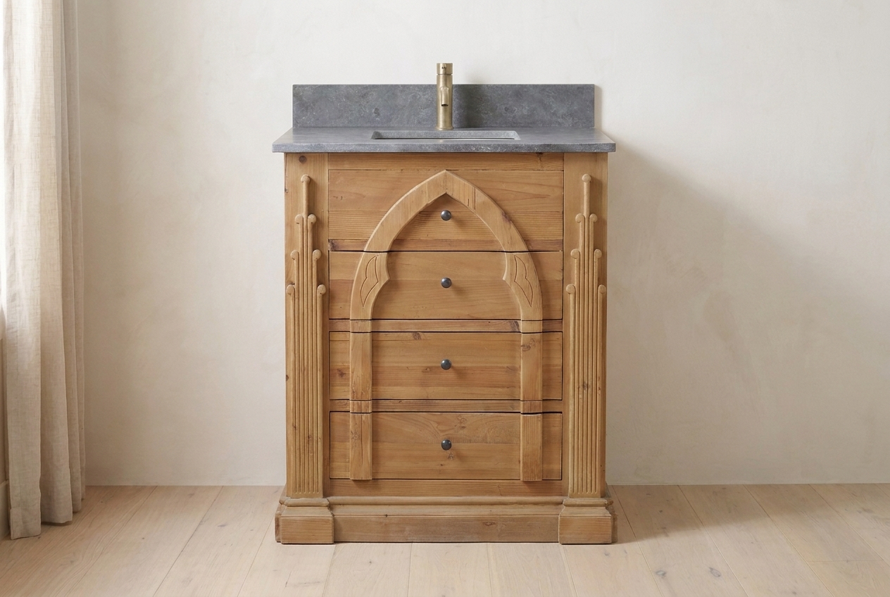 Reclaimed pine single-sink vanity, straight-on product view