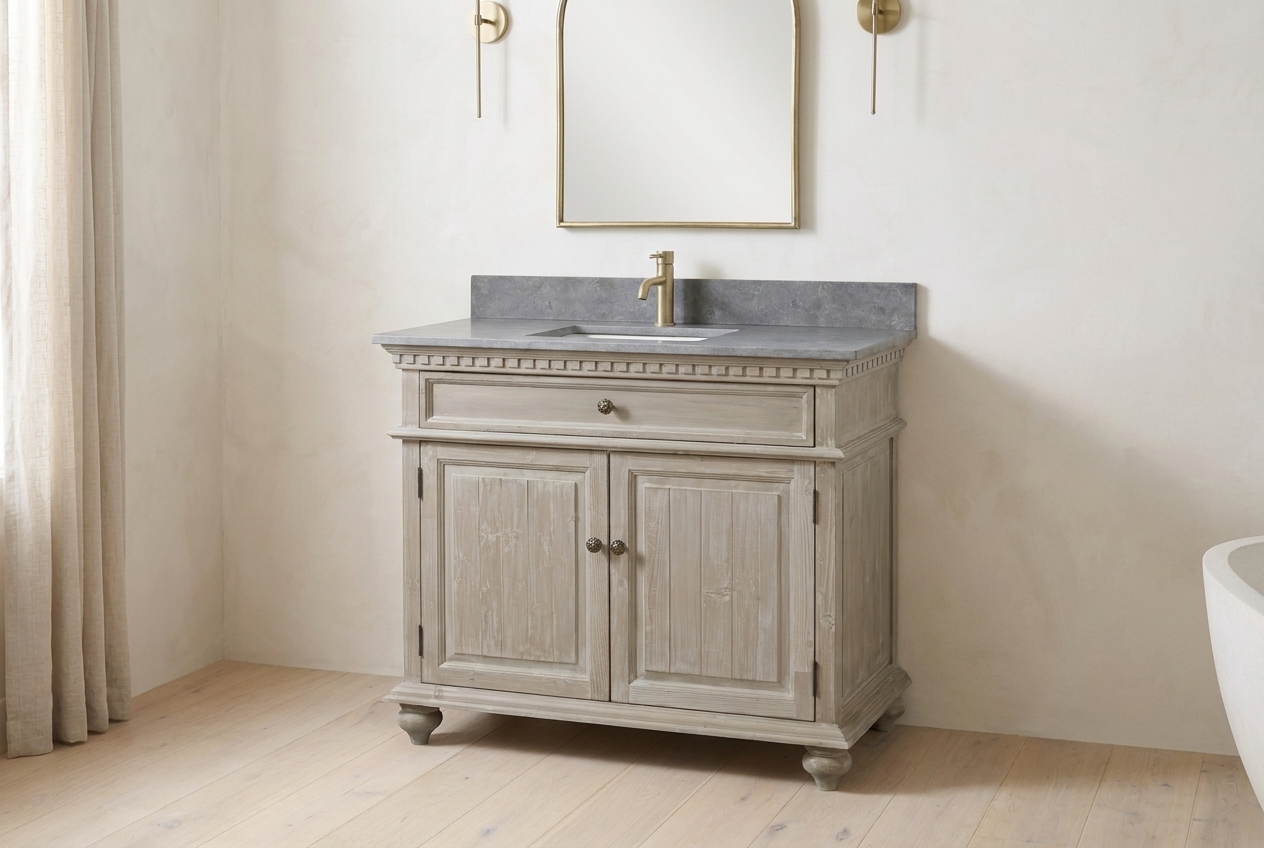 Grey-wash reclaimed wood vanity in a cabin-style bathroom