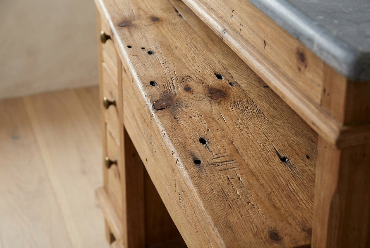 Close-up of reclaimed pine grain with knots and saw marks
