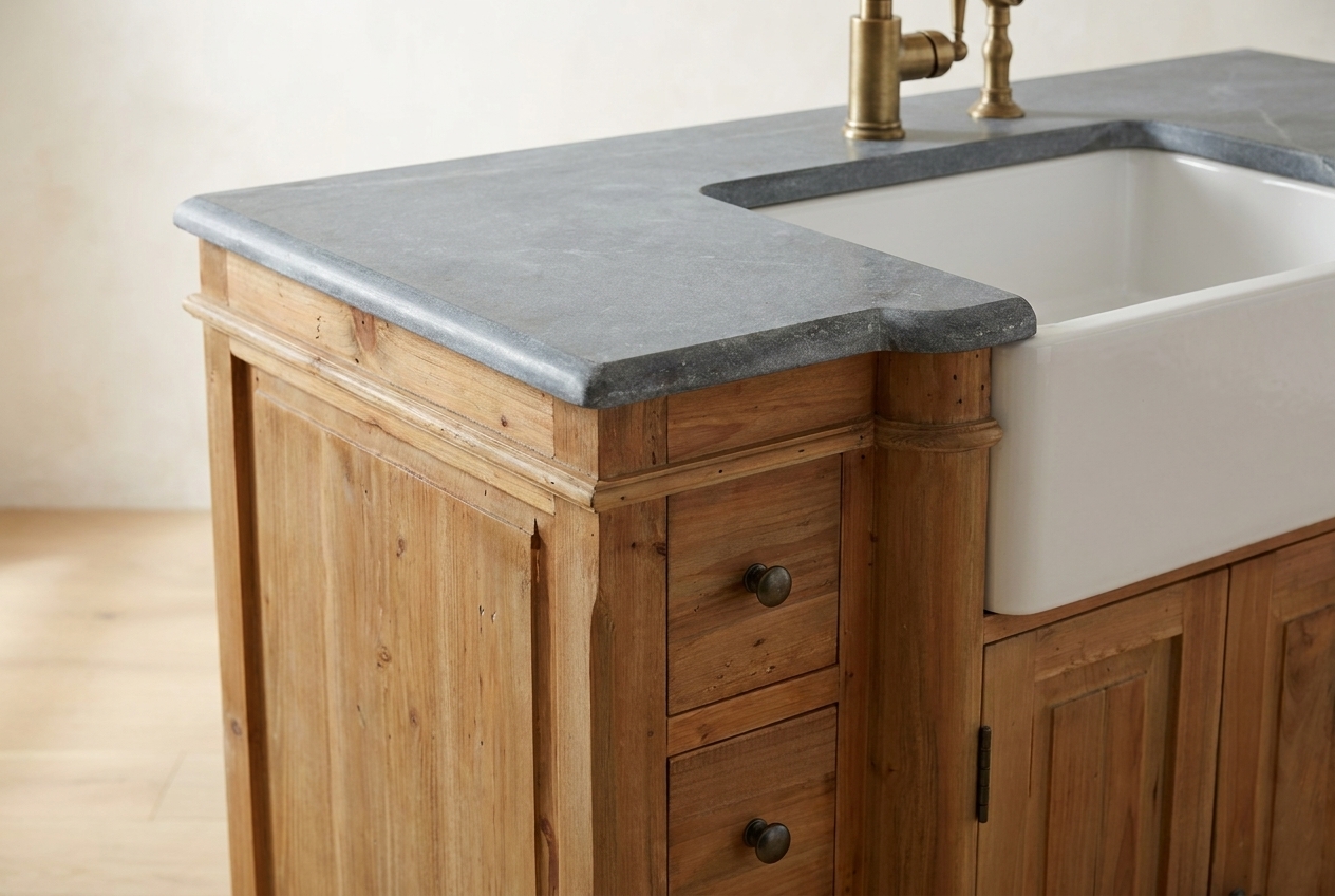Bluestone top meeting a farmhouse apron sink on a reclaimed wood vanity
