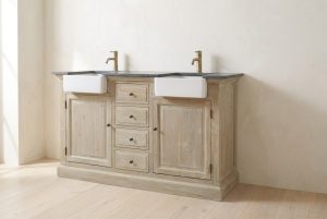 Grey-wash reclaimed wood double vanity with two sinks