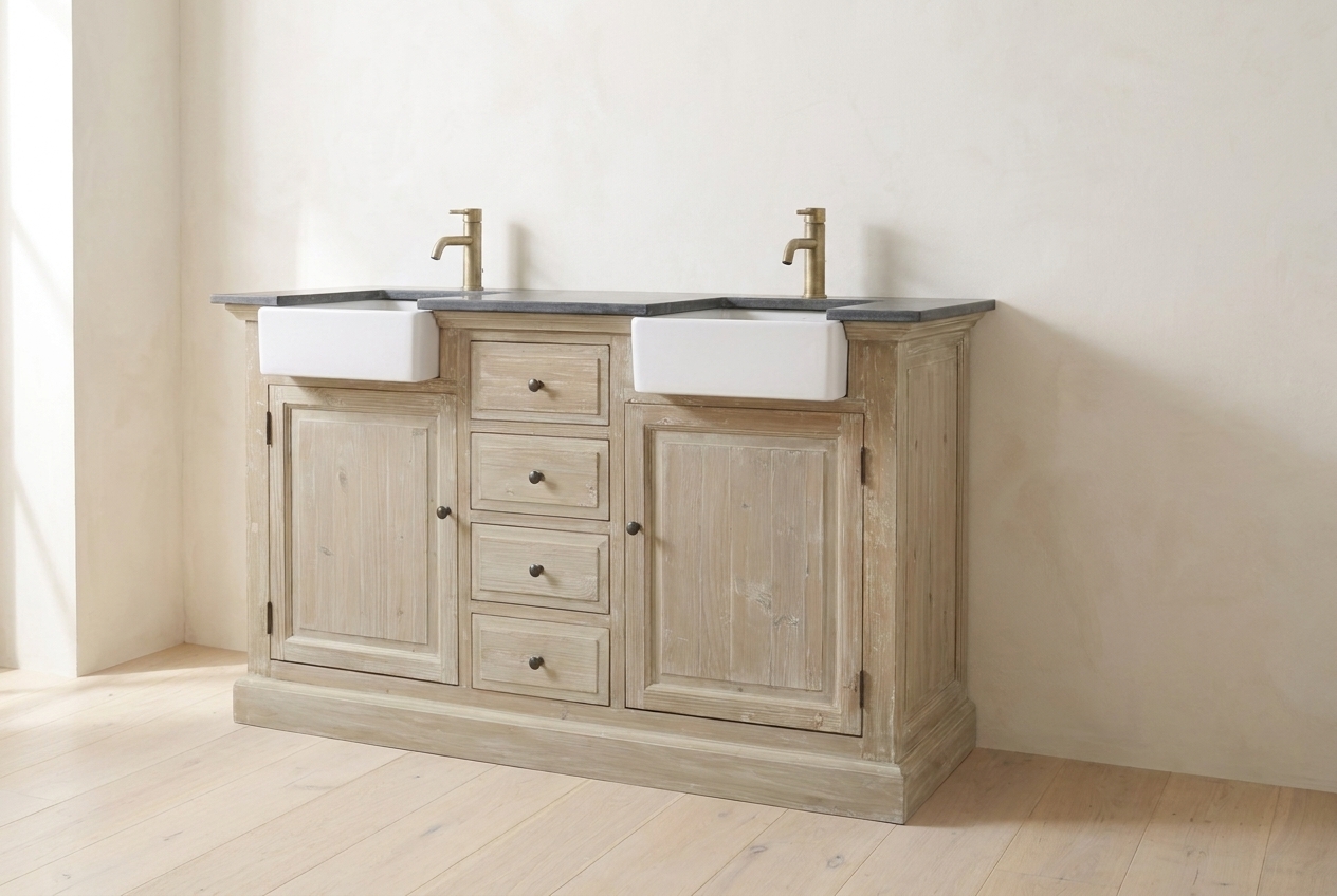 Grey-wash reclaimed wood double vanity with two sinks