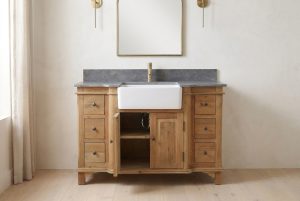 Reclaimed pine bathroom vanity showing the warm wood grain