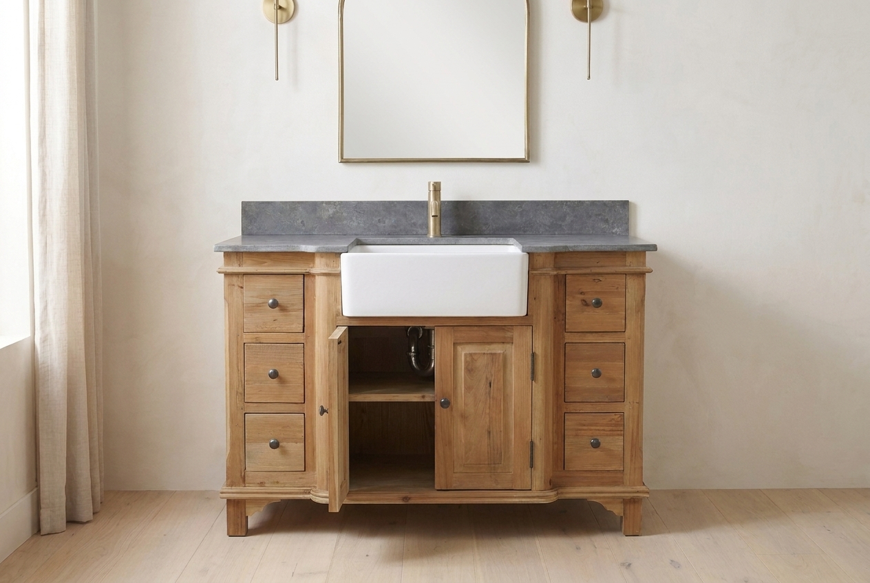 Reclaimed pine bathroom vanity showing the warm wood grain