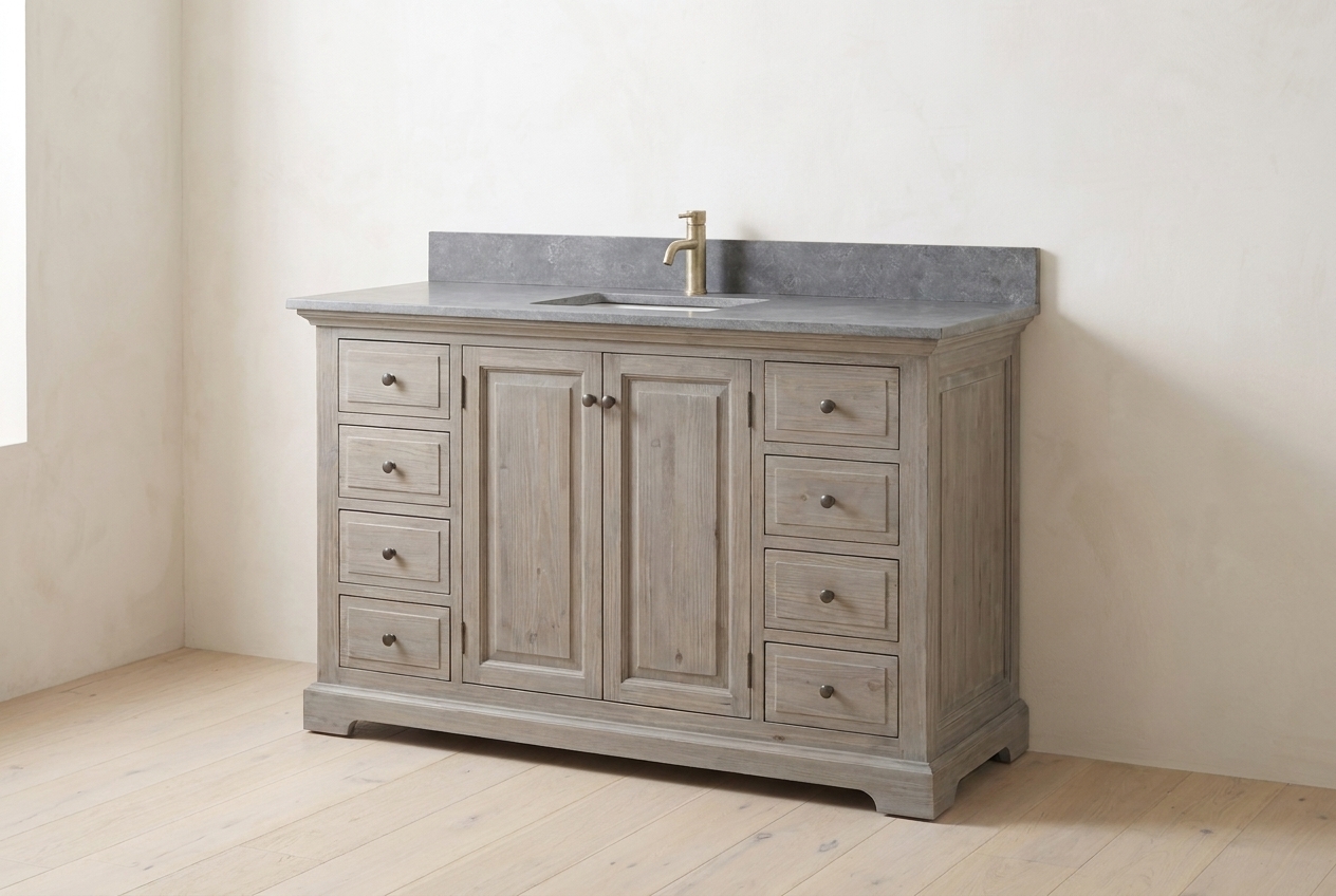 Solid grey-wash reclaimed wood vanity built to last